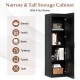 Tall black storage cabinet with 4 shelves, ideal for utensils and snacks, perfect for bathrooms and kitchens.