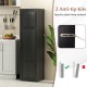 Tall black storage cabinet with 4 shelves and anti-tip kits, ideal for bathrooms and living rooms.