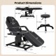 Dimensions of the black tattoo chair with adjustable backrest and footrest, including hydraulic stool measurements.