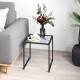 Square tempered glass side table with a sleek metal frame, perfect for displaying decor in indoor and outdoor spaces.
