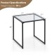 Tempered glass side table with a sturdy metal frame, 17” square top, perfect for indoor and outdoor use.