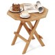 Teak wood octagon coffee table with slatted tabletop and X-shaped legs, perfect for camping and backyard use.