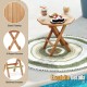 Teak wood octagon coffee table with a natural wood grain finish, featuring a slatted tabletop and foldable design for.