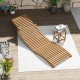 Teak wood folding chaise lounge chair with slatted seat, ideal for poolside relaxation and outdoor comfort.