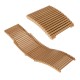 Teak wood folding chaise lounge chair with slatted seat, ergonomic curve for comfort, ideal for outdoor use.