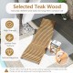Teak wood folding chaise lounge chair with slatted seat, designed for outdoor comfort and space-saving storage.