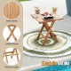 Teak wood square coffee table with slatted tabletop and X-shaped legs, perfect for camping and backyard use.
