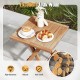 Teak wood square coffee table with slatted tabletop, X-shaped legs, perfect for camping or backyard use.