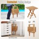 Teak wood square coffee table with slatted tabletop, X-shaped legs, and compact folding design for easy storage.