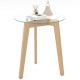Round tempered glass end table with solid rubber wood legs, ideal for living room or bedroom use.