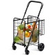 Folding shopping cart in black with adjustable handle, featuring two baskets for groceries and personal items, ideal.