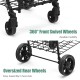 Front and rear wheel details of the black folding shopping cart with adjustable handle for easy mobility and storage.