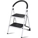 Folding step stool with iron frame and anti-slip pedals, designed for safety and easy storage, ideal for home tasks.