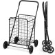 Portable folding shopping cart in black with a spacious basket and large rear wheels, ideal for grocery and laundry use.
