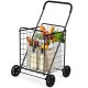 Portable folding shopping cart in black with spacious basket and large rear wheels, ideal for grocery and laundry tasks.