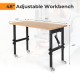 Side view of the 48" adjustable height mobile workbench with natural bamboo top, showcasing its sturdy metal frame and.