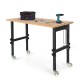 Adjustable height mobile workbench with natural bamboo top, heavy-duty metal frame, and lockable wheels for versatile.