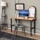 Adjustable height mobile workbench with natural bamboo top, 4 AC outlets, and lockable wheels for versatile use.