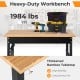 Adjustable height mobile workbench with natural bamboo top, supporting 1984 lbs, featuring lockable wheels and AC.
