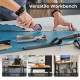 Adjustable height mobile workbench with natural bamboo top, shown in use for crafting, ideal for garage, kitchen, or.