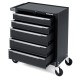 5-drawer black tool storage cabinet with central locking system, swivel wheels, and pre-drilled holes for hooks.