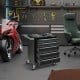 5-drawer black tool storage cabinet with central locking system and wheels, ideal for garage and workshop organization.