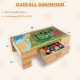 Double-sided wooden train set table with storage drawer, 100 pieces, for kids age 3+, featuring a colorful play surface.
