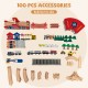 100-piece wooden train set accessories including railways, vehicles, and figures for imaginative play and creativity.