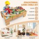 Close-up of well-made beech wood train tracks on a double-sided game table for kids, promoting creativity and.