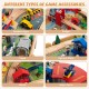Wooden train set accessories including vehicles, signs, houses, and bridges for imaginative play and creativity.