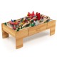 Double-sided wooden train set table with 100 pieces, featuring storage drawer and removable design for kids'.