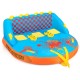 Inflatable towable tube for 3 riders with nylon cover, backrest, and handles for thrilling water sports adventures.