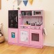 Pink toddler pretend play kitchen with removable sink, stove, and accessories for imaginative play for kids aged 3-6.