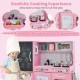 Toddler pretend play kitchen in pink featuring a sink, double stoves, and dishwasher for imaginative role play.