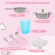 Stainless steel skillet, stockpot, cup, utensils, and ice cubes for toddler pretend play kitchen accessories.