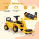 Toddler ride-on car in yellow with adjustable roller, under-seat storage, and stable treaded wheels for ages 19-36.