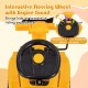 Interactive steering wheel of the yellow toddler ride-on car, featuring engine sound and under-seat storage for toys.
