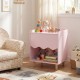 Toddler scalloped side table in pink with wide top and open compartment, ideal for kids' storage in a nursery or.