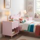 Toddler scalloped side table in pink with open compartment and sturdy rubber wood legs, ideal for kids' bedrooms.
