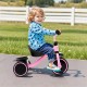 Toddler tricycle in pink with adjustable seat, all-terrain wheels, and rear storage basket for kids aged 3-5 years.