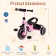 Dimensions chart for the pink toddler tricycle, showing adjustable seat height, weight capacity, and recommended age.