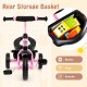 Rear view of the pink toddler tricycle with adjustable seat and storage basket for books, toys, and snacks.