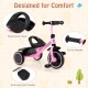 Toddler tricycle in pink with adjustable seat, ergonomic design, and rear storage basket for kids aged 3-5 years.