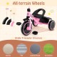 Close-up of the all-terrain wheels on the pink toddler tricycle, designed for durability and versatility on various.