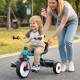 Toddler tricycle in blue with glowing wheels, adjustable seat, and storage basket, perfect for outdoor fun and safety.