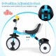 Toddler tricycle in blue with a 3-position adjustable seat and storage basket, designed for safety and comfort.