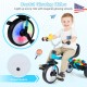Toddler tricycle in blue with glowing wheels, adjustable seat, and storage basket for fun and safe rides.