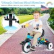 Toddler tricycle in blue with a storage basket, featuring a triangle carbon steel structure for safety and glowing.