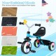 Toddler tricycle in blue with glowing wheels, adjustable seat, and storage basket, suitable for various surfaces.