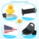 Squeaky duck bell, anti-slip handlebar, and comfortable seat details of the blue toddler tricycle with storage basket.